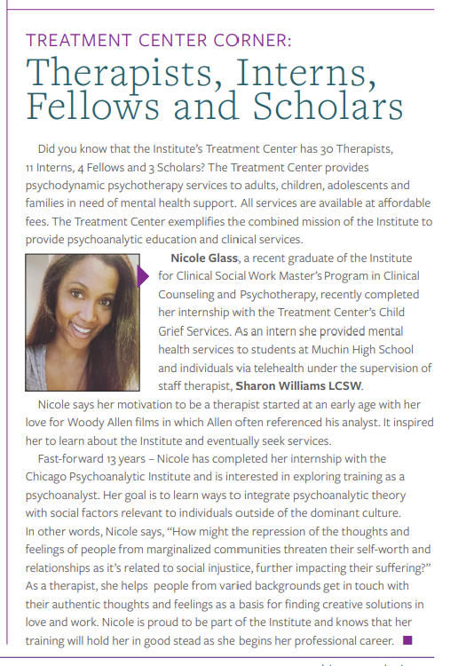 Summer 2021 Chicago Psychoanalytic Newsletter feature mentioning Nicole Glass